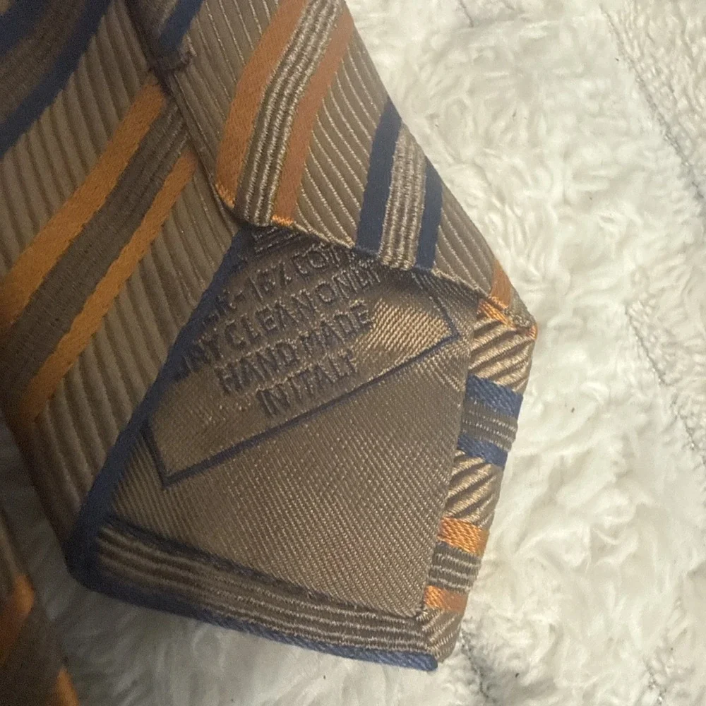Brioni Designer Tie Diagonal Striped 60 Inches Long 84% Silk Bronze Navy Gold